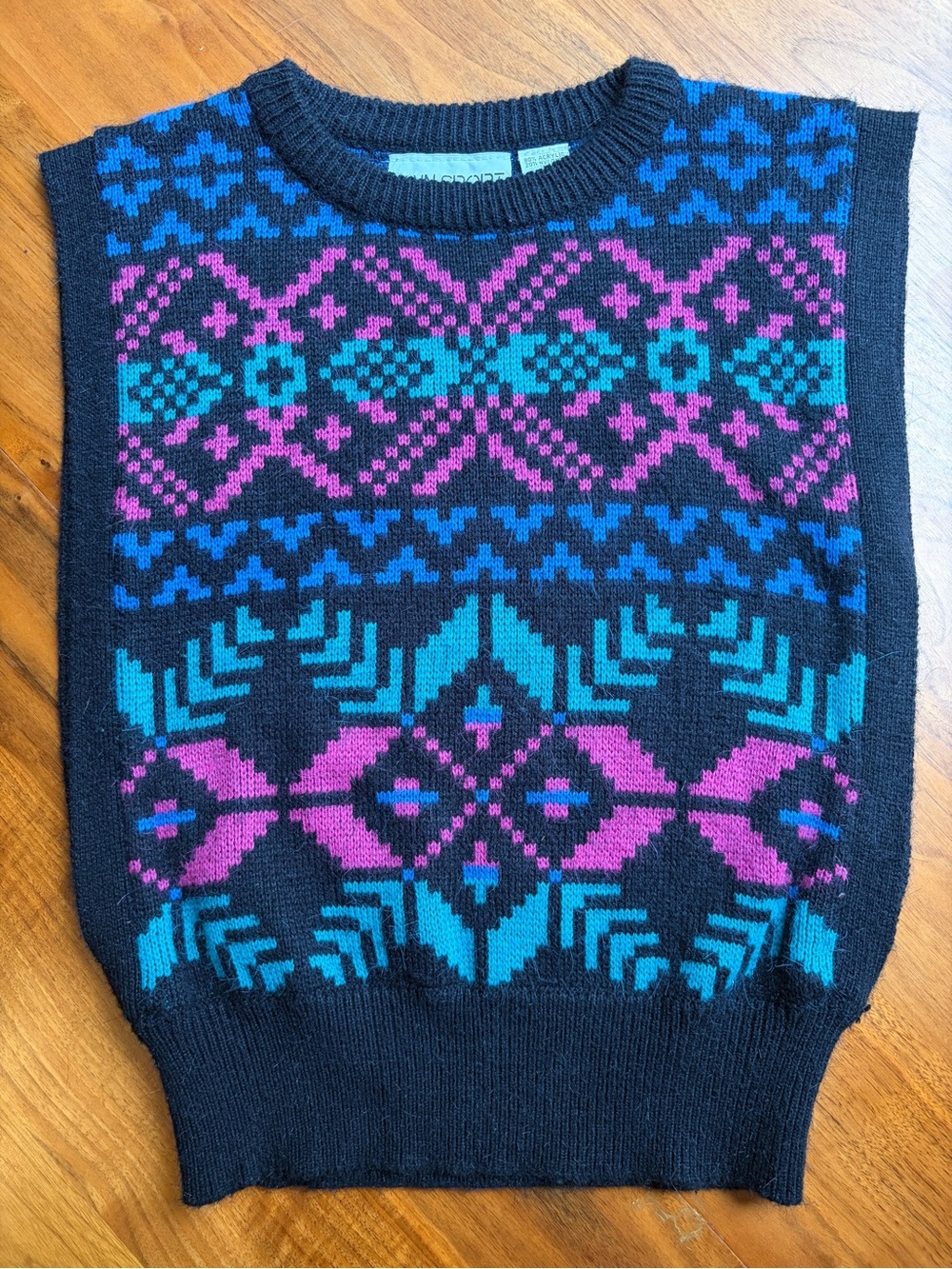 Vintage 80s Main Sport Womens L Black Fair Isle Sweater Vest Pink Teal Nordic